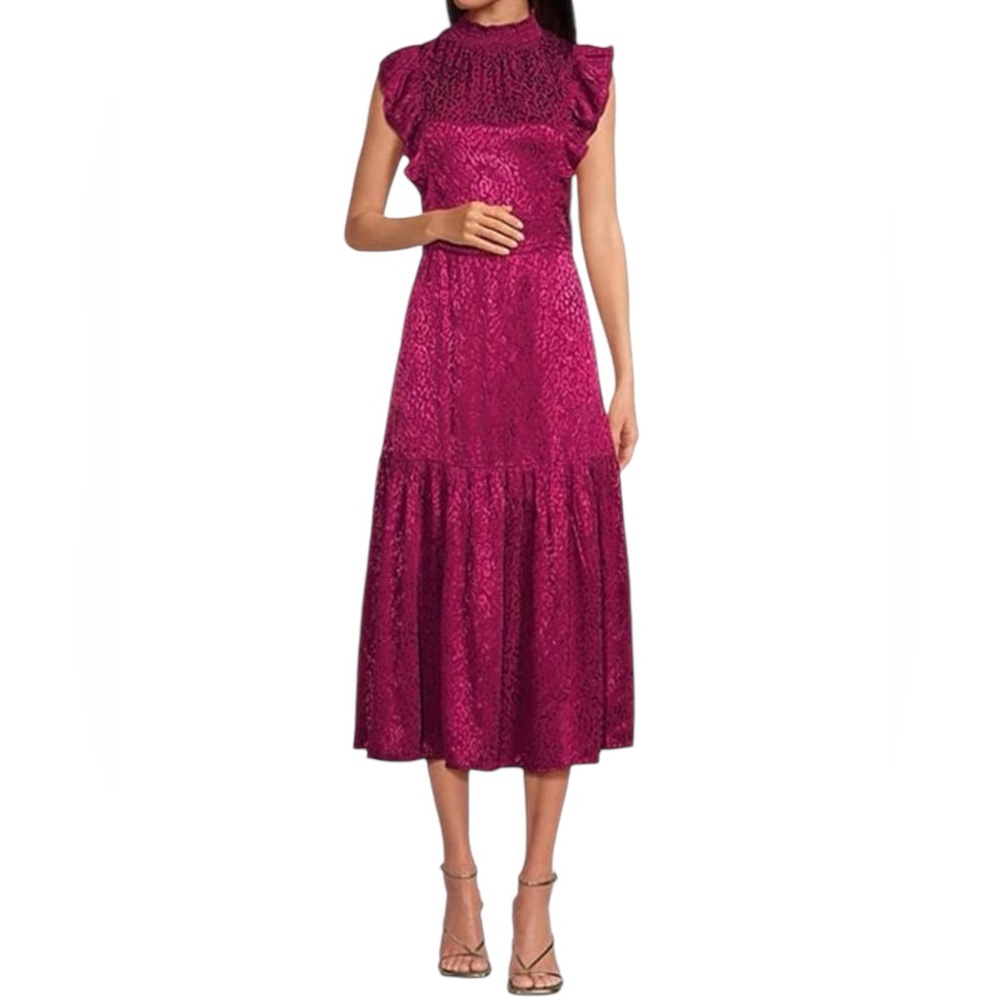 Steve Madden Anna Animal Print Satin Jacquard Mock Neck Midi Dress